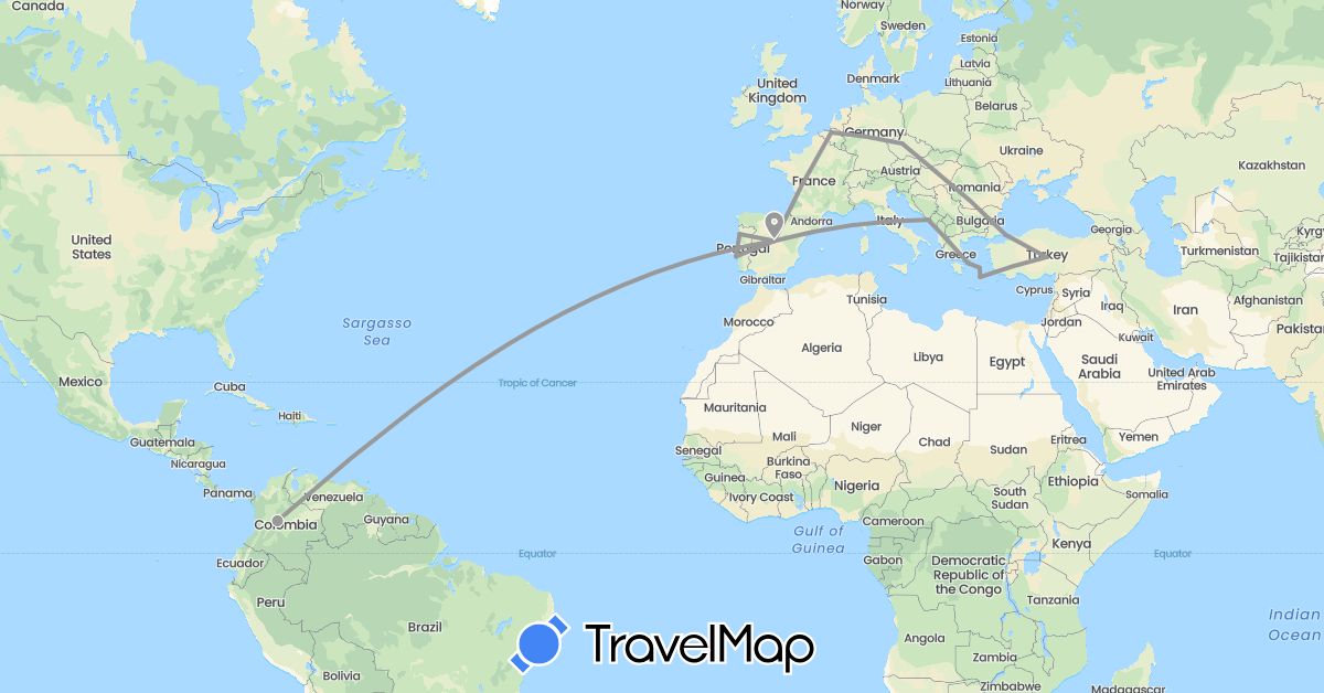 TravelMap itinerary: driving, plane in Belgium, Colombia, Czech Republic, Spain, Greece, Croatia, Hungary, Portugal, Turkey (Asia, Europe, South America)